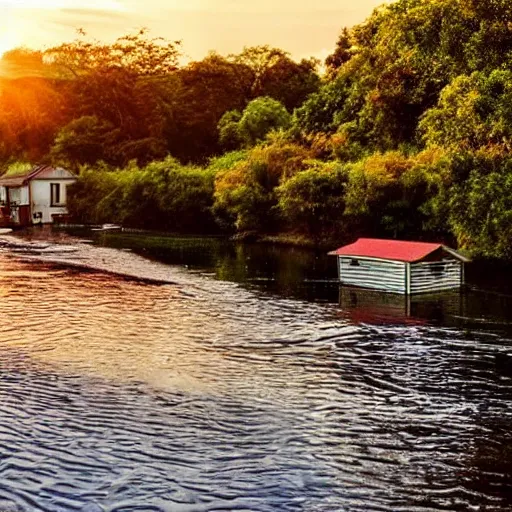 Image similar to beutiful river scenery, alongside small house,with beutiful sunset