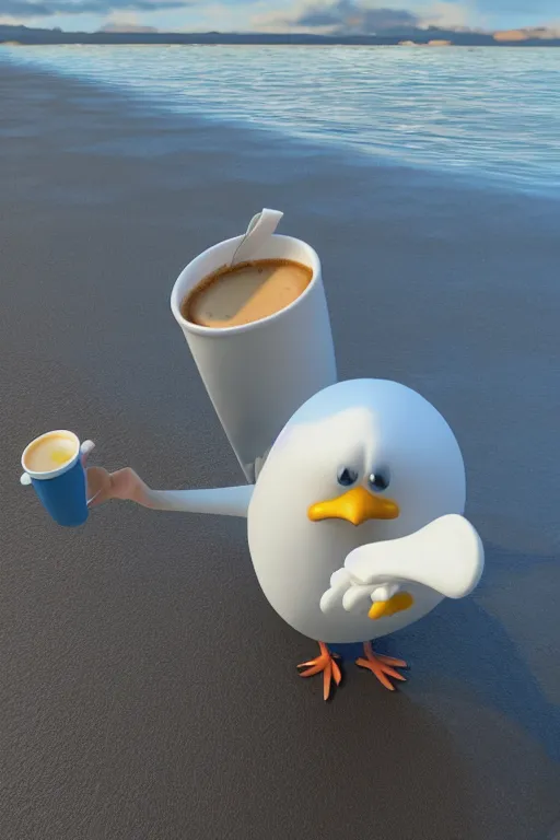 Prompt: Seagull Pixar character drinking a cup of coffee in the beach, Up movie style, 3d render