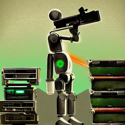 Prompt: marvin white modern robot with triangular green eyes standing on a pile of old computers with a gun in hand sci - fi photorealistic