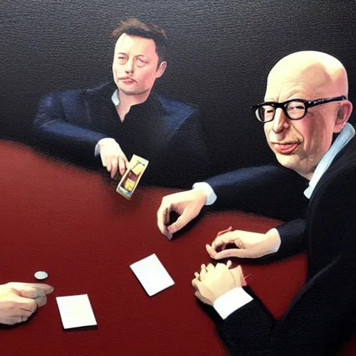 Prompt: UHD photorealistic Elon Musk playing poker with Satoshi Nakamoto, Klaus Schwab, and Bill Gates, in the style of tonalism by Greg Rutkowski, trending on Artstation, hyperrealistic, correct details, symmetrical faces