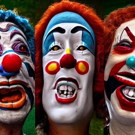 Image similar to epic totem pole of real clown faces, single subject