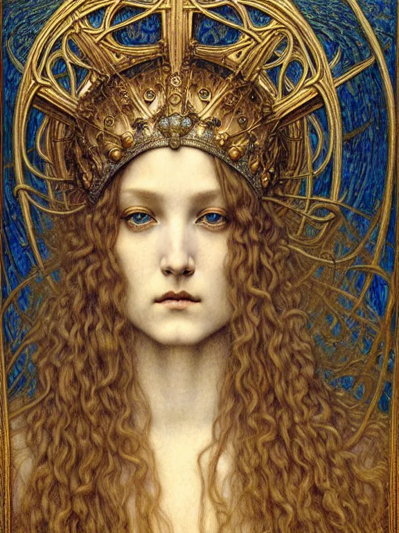 Image similar to detailed realistic beautiful young medieval queen face portrait by jean delville, gustave dore and marco mazzoni, art nouveau, symbolist, visionary, gothic, pre - raphaelite. horizontal symmetry