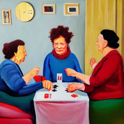 Image similar to 2 old ladies and a woman playing cards in a commieblock apartment, still life painting, oil painting