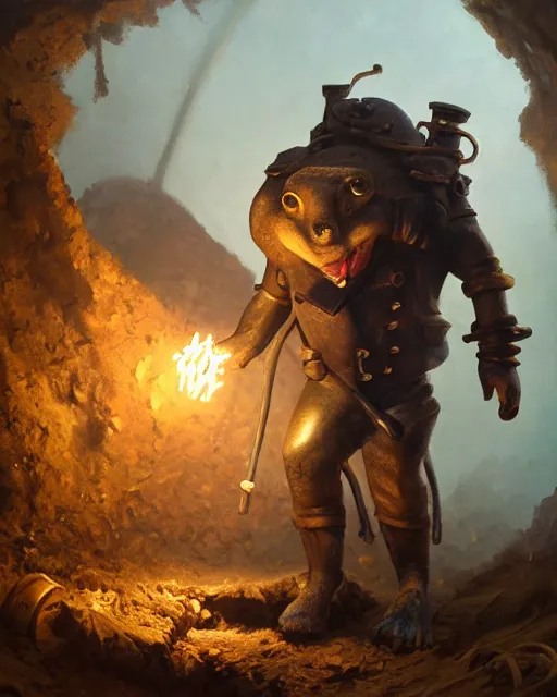 Prompt: oil painting of poor anthropomorphized mole mining gold, full body, sharp focus, fantasy style, dark steampunk mine shaft backround, octane render, volumetric lighting, 8k high definition, by greg rutkowski, highly detailed, trending on art Station