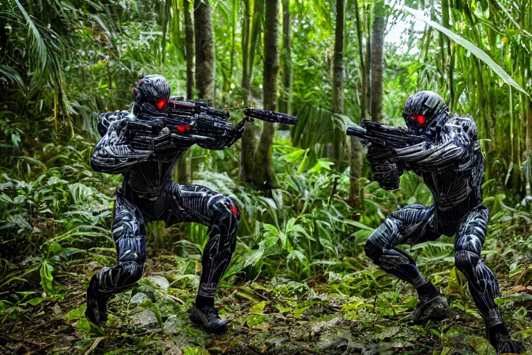 Image similar to Crysis Nanosuit shooting at enemies in a jungle combat photography 2022, Canon EOS R3, f/1.4, ISO 200, 1/160s, 8K, RAW, unedited, symmetrical balance, in-frame,