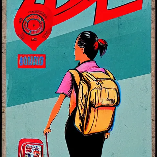 Prompt: 20 year old tourist wearing a backpack walking through hanoi. Vietnamese propaganda poster.