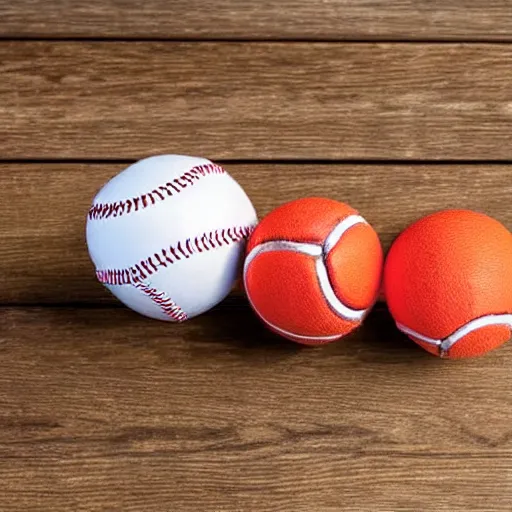 Image similar to a baseball and three tennis balls on a wooden table.