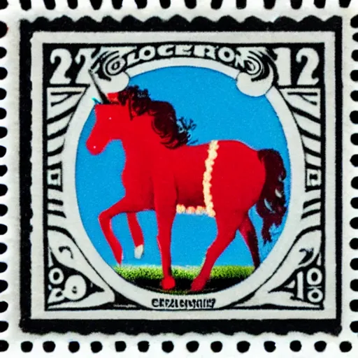 Prompt: A red and white postage stamp featuring a unicorn