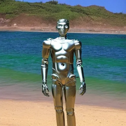 Image similar to “a realistic detailed photo of a guy who is an attractive humanoid who is half robot and half humanoid, who is a male android, Mike the Situation, shiny skin, posing like a statue, blank stare, at the beach, on display”