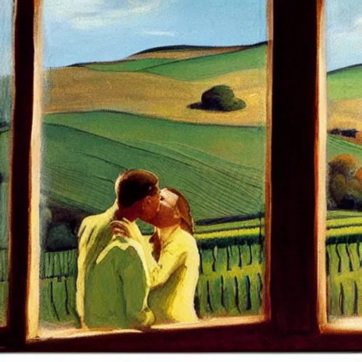 Prompt: a couple kissing, behind them is a window that shows a hilly landscape with vineyards, hopper