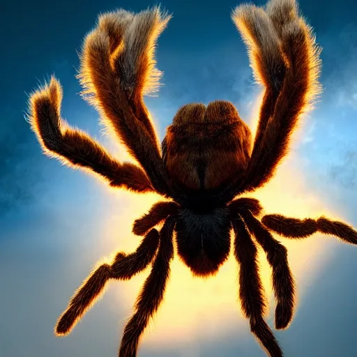 Image similar to colossal fluffy tarantula, golden hour, fantasy, vivid colors, sharp focus, digital art, hyper - realistic, 4 k, unreal engine, highly detailed, hd, dramatic lighting by brom, trending on artstation