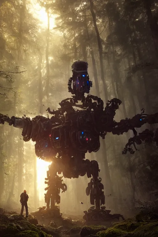 Prompt: A small character standing before a giant mechanical robpt in the forest by Greg Rutkowski, Sung Choi, Mitchell Mohrhauser, Maciej Kuciara, Johnson Ting, Maxim Verehin, Peter Konig, final fantasy , 8k photorealistic, cinematic lighting, HD, high details, atmospheric,