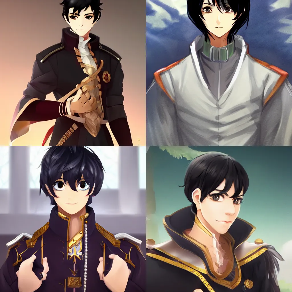 Prompt: portrait of isekai male protagonist royal prince with black hair, trending on Artstation, visually stunning scene