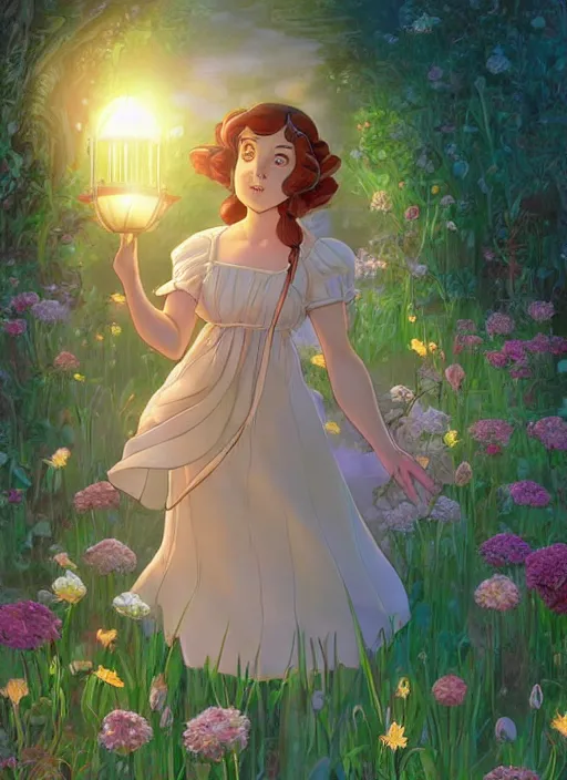 Image similar to well - lit art nouveau portrait of a 1 3 - year old girl wearing a sundress in a flower garden with lanterns at night, natural lighting, path traced, highly detailed, high quality, cartoon, digital painting, by don bluth and ross tran and studio ghibli