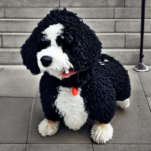 Image similar to a closeup photorealistic photograph of a cute smiling knitted bernedoodle judge dog dressed in a black gown, presiding over the courthouse. indoor image, professional capture, well lit shot. this 4 k hd image is trending on artstation, featured on behance, well - rendered, extra crisp, features intricate detail, epic composition and the style of unreal engine.