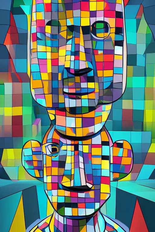 Image similar to cubist moai statue cutout digital illustration cartoon colorful beeple