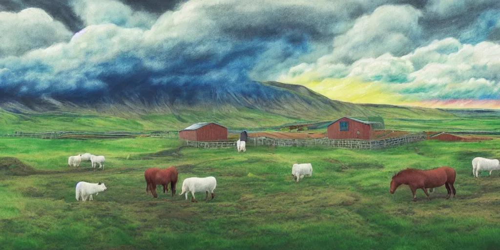 Prompt: a beautiful painting of a icelandic farm, one icelandic horses galloping, storm clouds gathering over the town, by studio ghibli 8 k pastel colours, isometric, six point perspective, drone shot, smeared watercolours, golden light, film grain