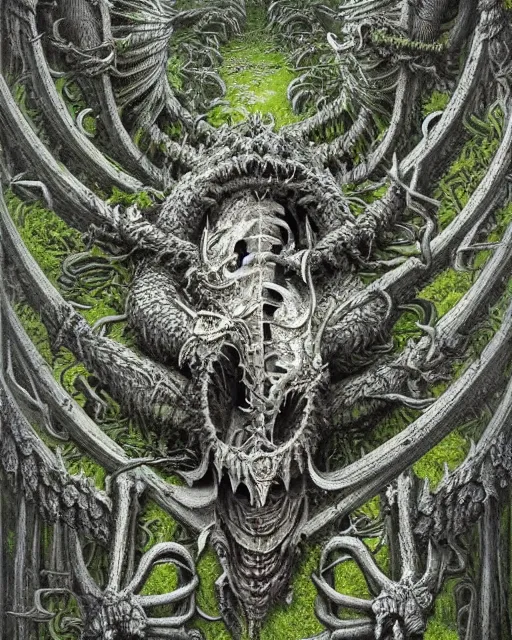 Image similar to white dragon skeleton covered in moss and flowers, intricate details, hyperrealistic, hr giger