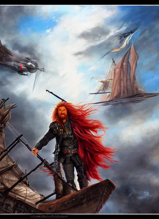 Image similar to epic fantasy portrait painting of a long haired, red headed male sky - pirate in front of an airship in the style of the a marvel avengers movie