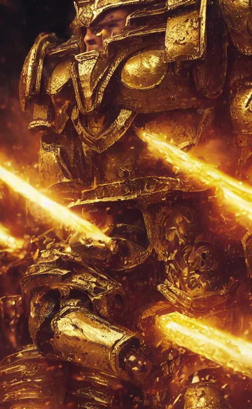 Image similar to angry Henry Cavill as warhammer 40k God-Emperor of Mankind dressed in his glowing golden power armor with no helmet. full-length portrait, beautiful face, long hair, painted by Donato Giancarlo, intricate fine armor rune details, cinematic, highly detailed, octane render