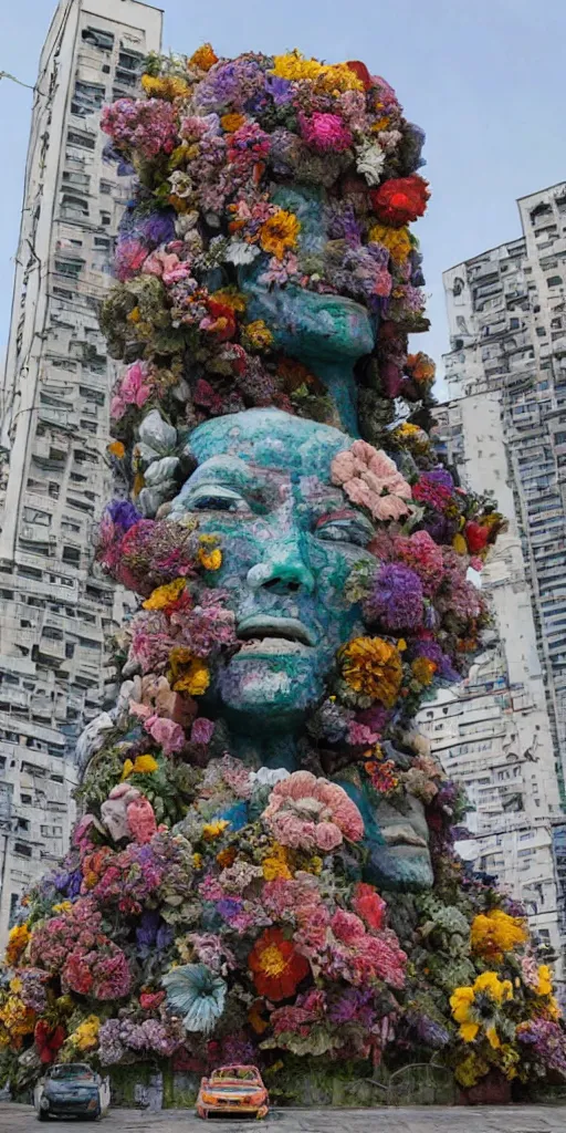 Image similar to colossal grotesque flower statue made from Lenin heads and colorful alien flowers in the middle of abandoned early soviet constructivist cityscape, Stalinist architecture, ultradetailed by Hayao Miyazaki and Josan Gonzalez and Makoto Shinkai and Giuseppe Arcimboldo and Wes Anderson