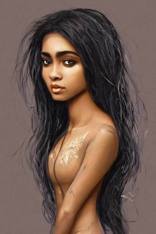 Image similar to A bust of a beautiful black skinned Sri Lankan girl with lovely lips and smooth eyebrows and straight hair, HD, illustration, epic, fantasy, intricate, elegant, amazing detail, digital painting, artstation, concept art, smooth, sharp focus, illustration, art by Turine Tran