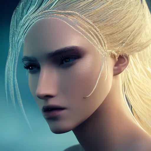 Image similar to beautiful face, crystal, platinum, gold, biomechanoid with incredible iridescent pearlescent voluminous fiberoptic hair, crystalline masterpiece implants, hyperdetailed face, elegant pose, movie still, intricate, octane render, cinematic forest lighting, unreal engine, crepuscular rays, god rays.