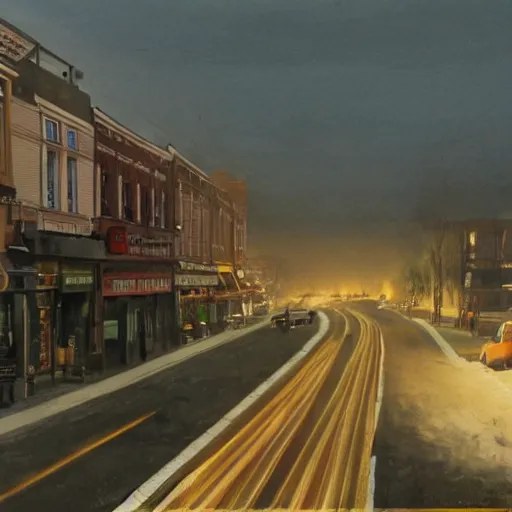 Image similar to A stunningly beautiful award-winning 8K high angle cinematic movie photograph of a foggy main intersection in an quiet 1950s small town at night, by Edward Hopper and David Fincher and Darius Khonji, cinematic lighting, perfect composition, moody low key volumetric light. Color palette from Seven, greens yellows and reds. 2 point perspective