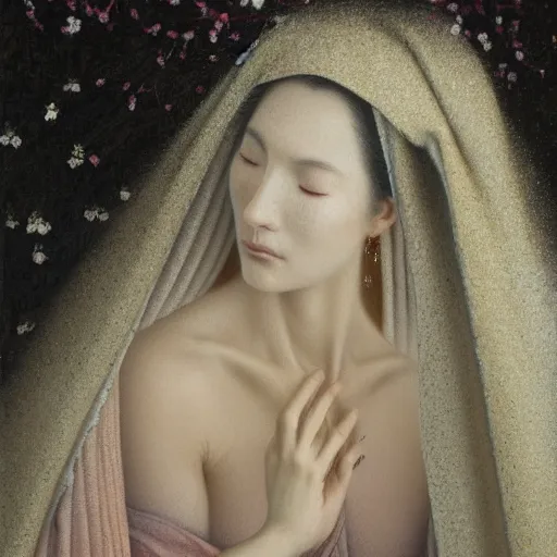 Image similar to a crying woman in a white gown kneeling at a beautiful shrine under a cherry blossom tree, rainy wet, ultradetailed, hd 8 k, agostino arrivabene, oil on canvas, detailed brushstrokes