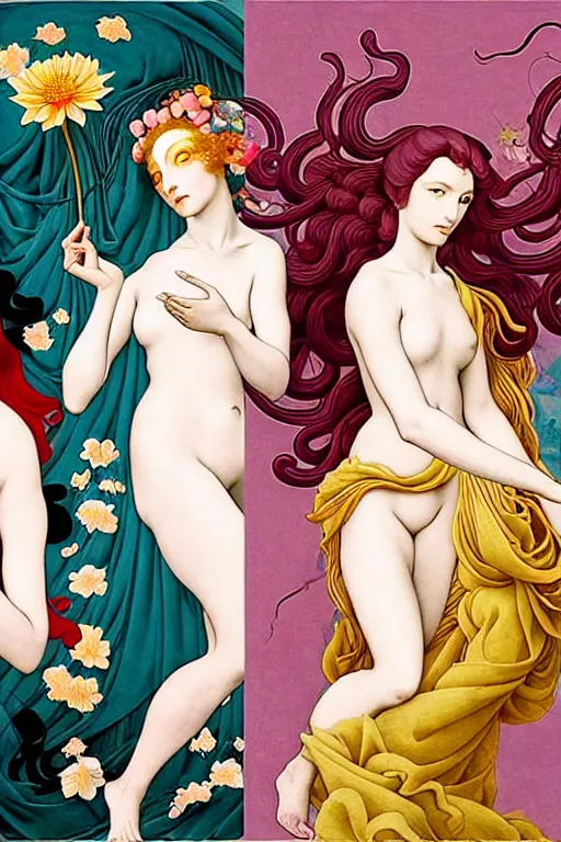 Image similar to 3 Spring Muses symbolically representing March, April, and May, in a style blending Æon Flux, Peter Chung, Shepard Fairey, Botticelli, Ivan Bolivian, and John Singer Sargent, inspired by pre-raphaelite paintings, shoujo manga, and cool Japanese street fashion, dramatically blossoming flora and fauna, petals falling everywhere, pastel vivid triad colors, hyper detailed, super fine inking lines, ethereal and otherworldly, 4K extremely photorealistic, Arnold render