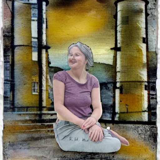 Prompt: mixed media collage woman sitting at harbour. lighthouse