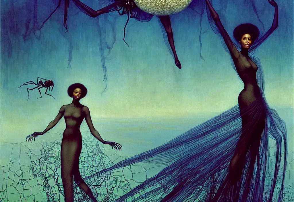 Prompt: realistic detailed portrait movie shot of a single beautiful black woman in a transparent sheer fabric dress dancing with a giant spider, futuristic sci fi landscape background by denis villeneuve, jean delville, yves tanguy, ernst haeckel, alphonse mucha, max ernst, monia merlo, roger dean, sci fi necklace, masterpiece, dreamy, rich moody colours