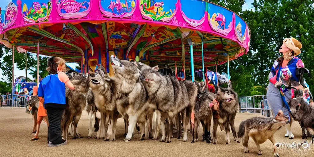 Prompt: fair rides petting zoo wolf photography