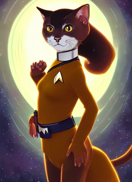 Image similar to cute star trek officer scarred cat, natural lighting, path traced, highly detailed, high quality, digital painting, by don bluth and ross tran and studio ghibli and alphonse mucha, artgerm