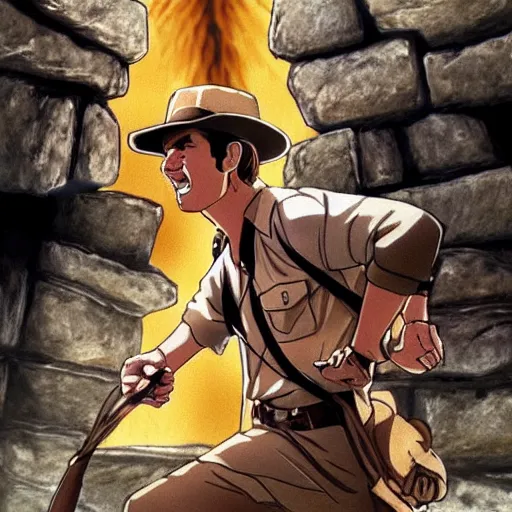 Image similar to Indiana Jones running away from boulder trap, raiders of the lost ark, anime style