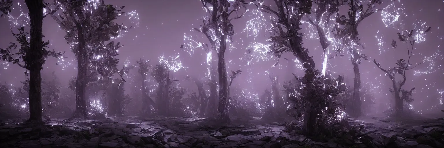 Prompt: “bioluminescent crystal trees, Artstation HQ, photorealistic, hiperrealistic, sharp focus, 4k UHD, Unreal Engine 5, cinematic shot, cinematic lightning, dark tones, high contrast, intricate, masterpiece”