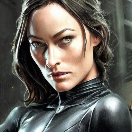 Image similar to full figure ultra realistic illustration, olivia wilde as an older and rugged catwoman, terraformed new york city, post - apocalyptic, intricate, elegant, highly detailed, digital painting, artstation, concept art, smooth, sharp focus, illustration, art by artgerm and greg rutkowski and alphonse mucha