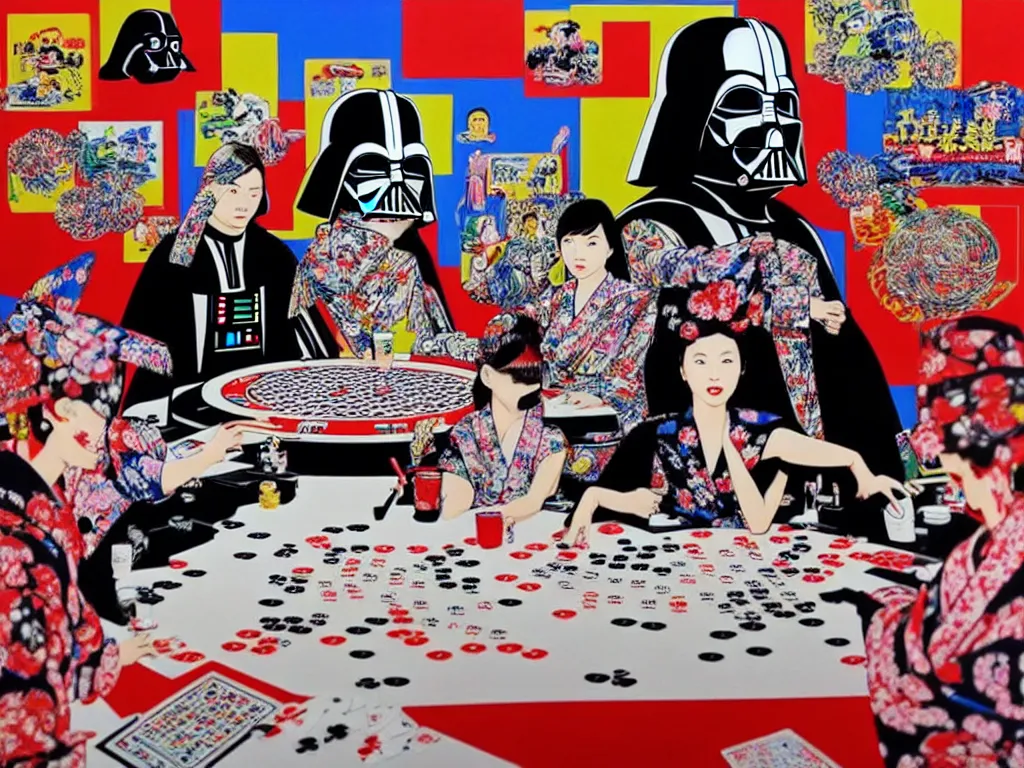 Image similar to hyper - realistic composition of a large room with an extremely detailed poker table in the center, woman in traditional japanese kimono standing nearby, darth vader sitting at the table, fireworks in the background, pop art style, jackie tsai style, andy warhol style, acrylic on canvas, dull palette