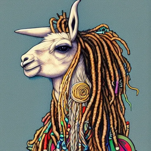 Prompt: llama with dreadlocks, by James Jean, with beautiful colors