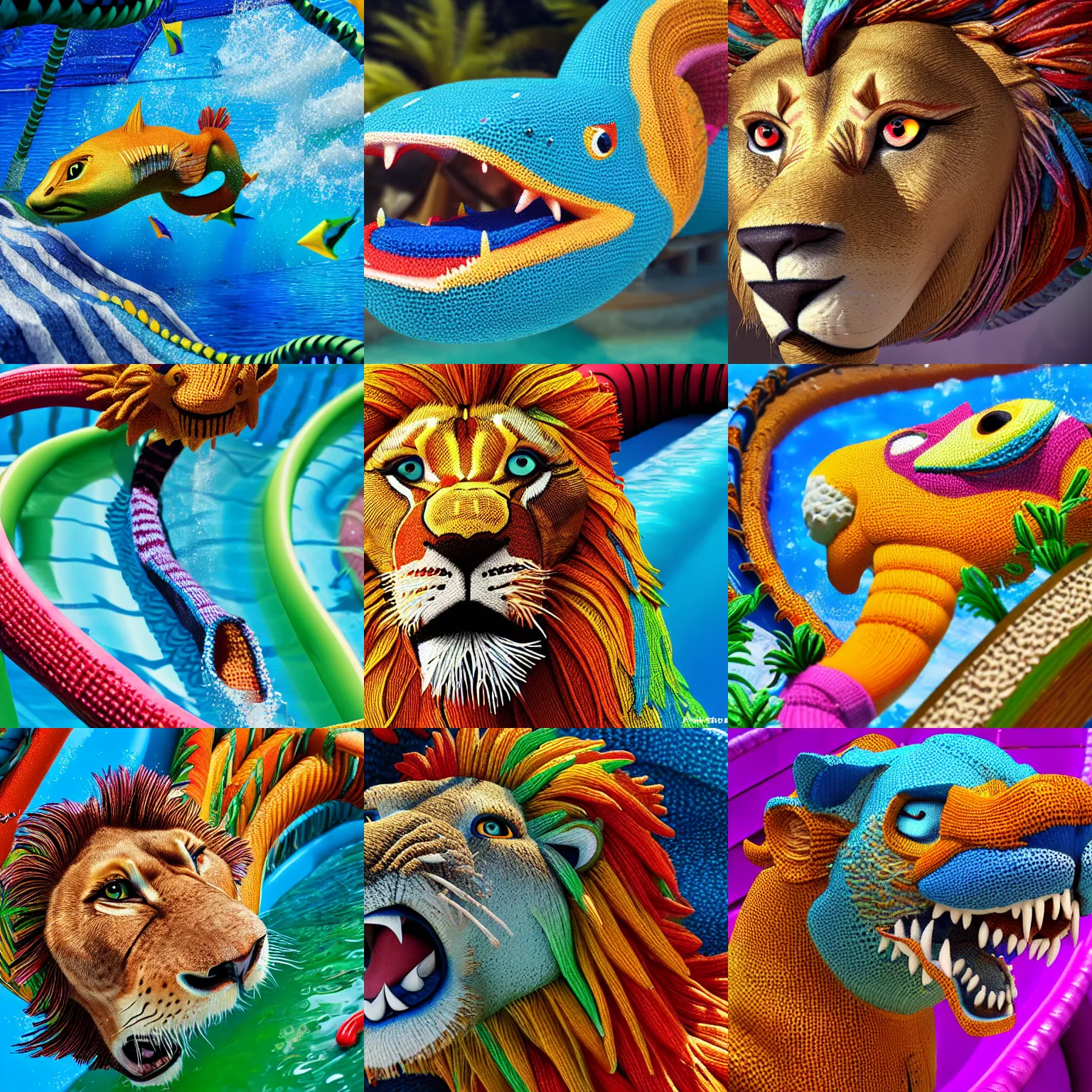 Prompt: a closeup photorealistic photograph of a colorful knitted barracuda style lion swimming down a water slide. intricate stitching. professional capture. bright scene. this 4 k hd image is trending on artstation, featured on behance, well - rendered, extra crisp, features intricate detail, epic composition and the style of unreal engine.