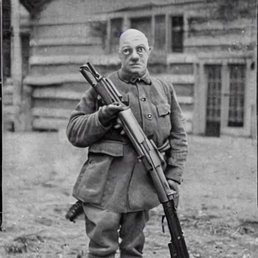 Image similar to old wartime photograph of homer simpson holding a lewis gun, 1 9 1 7