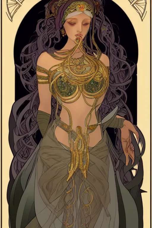 Image similar to Nephthys the goddess of death, in style blend of Botticelli and alphonse mucha and brom, amazing detail, stunning lines, flat colors, 4K, digital illustration, character concept