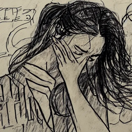 Prompt: a detailed sketch of a woman crying while her city gets destroyed