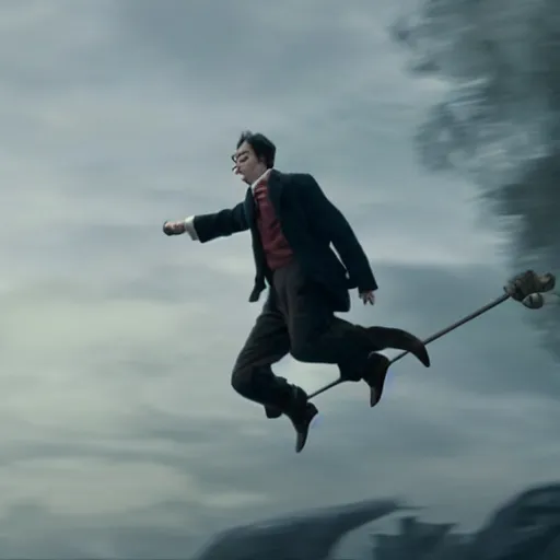 Image similar to Harry potter flying upright and channelling an intricate ritual, back view, cinematic shot, intricate detail and quality, movie still, nighttime, crescent moon, minor motion blur, action shot, photorealistic, intense scene, visually coherent, symmetry, rule of thirds, movement, vivid colors, award winning, Steven Spielberg, Christopher Nolan, Tooth Wu, Asher Duran, Greg Rutkowski