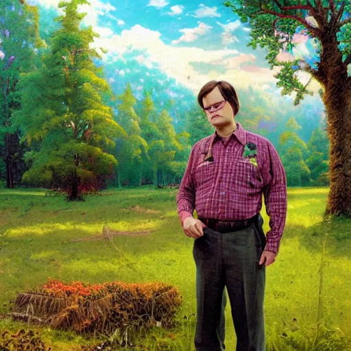 Prompt: Dwight Schrute in a field painting by Thomas Kinkade