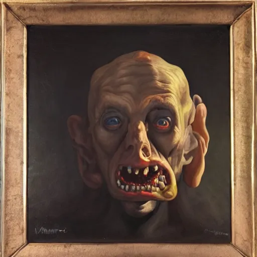 Prompt: Oil painting by Christian Rex Van Minnen of a portrait of an extremely bizarre disturbing mutated man with intense chiaroscuro lighting perfect composition