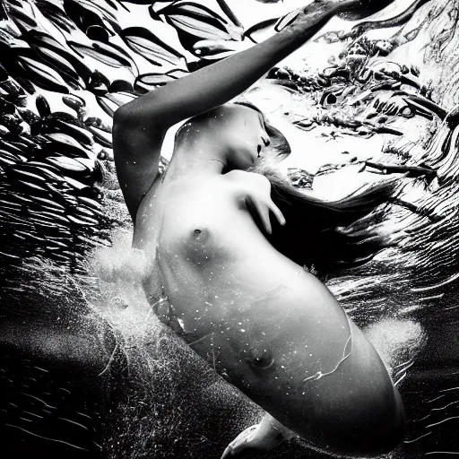 Prompt: black and white photograph of a beautiful mermaid swimming underwater, hyperdetailed, 4 k,