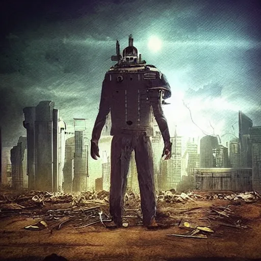 Image similar to “an android boy in a post apocalyptic, over grown super metropolis searching for people.”