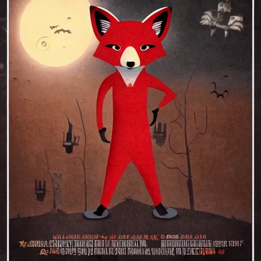 Image similar to movie poster for a horror movie featuring an anthropomorphic male fox dressed in casual clothing, dark and spooky Halloween theme