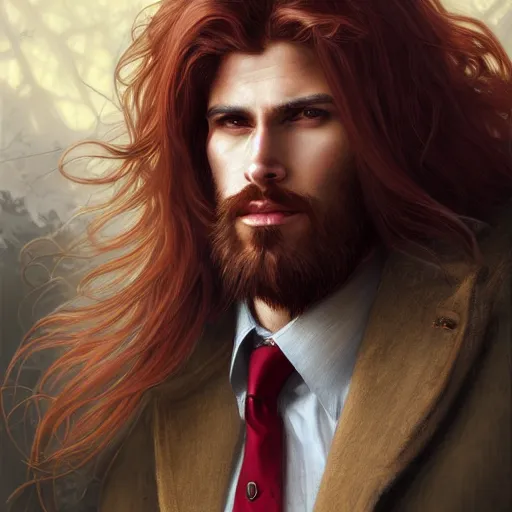 Prompt: portrait of a man - wolf, male, handsome, masculine, full body, red hair, long hair, soft hair, fantasy, intricate, elegant, highly detailed, suit, coffee shop, digital painting, artstation, concept art, character art, smooth, sharp focus, illustration, art by artgerm and greg rutkowski and alphonse mucha